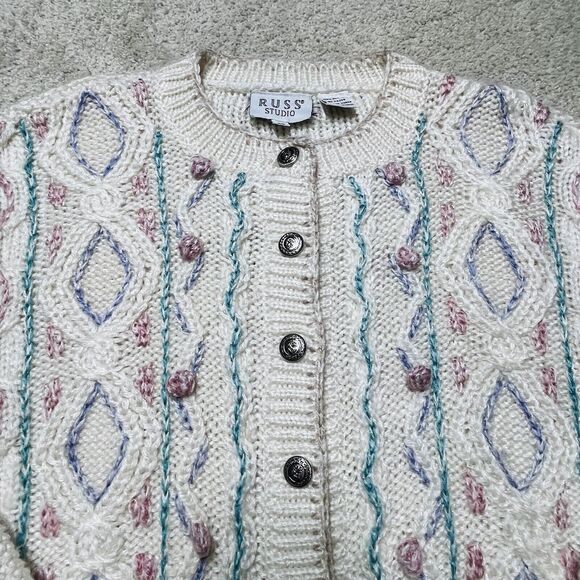 Vintage Russ Studio Crochet Knit Nordic Sweater Cardigan Medium Grandma Pom Pom - Picture 5 of 11